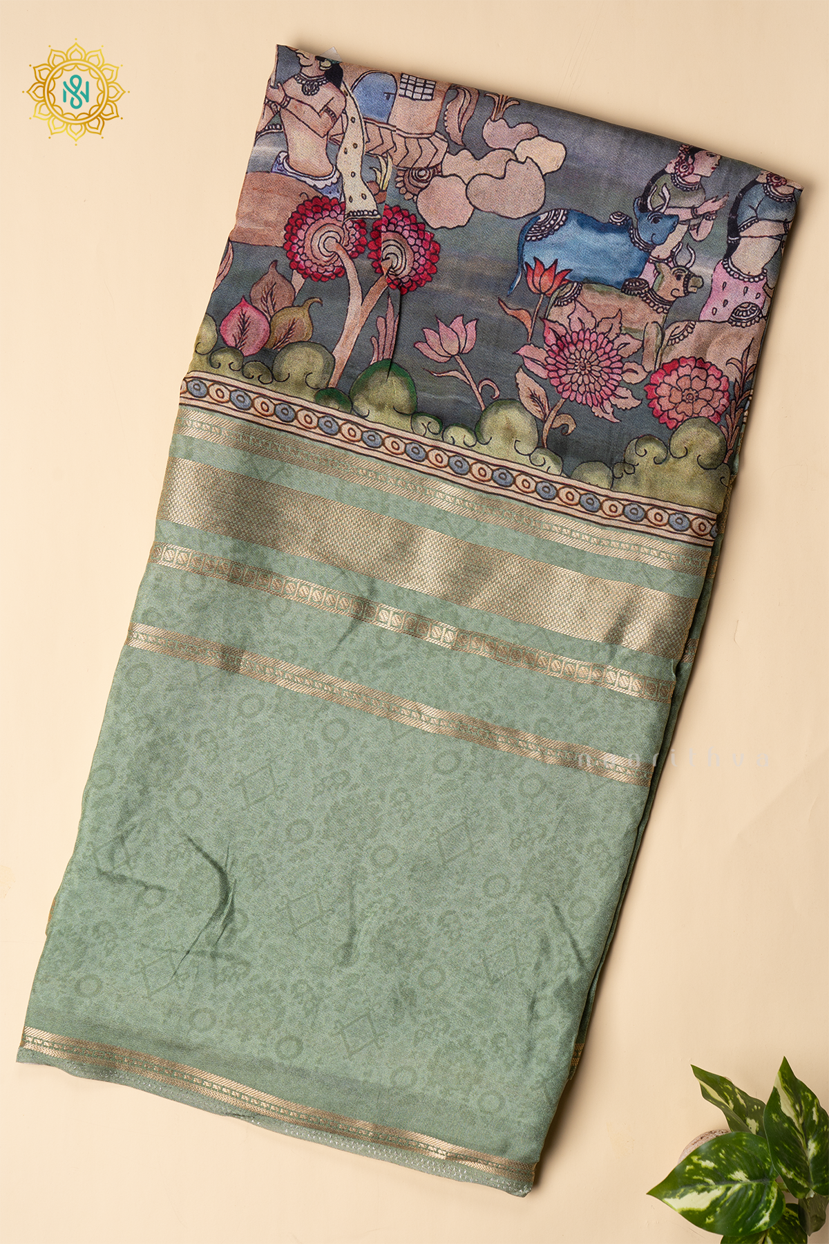 PISTA GREEN WITH GREY - SEMI CREPE SILK