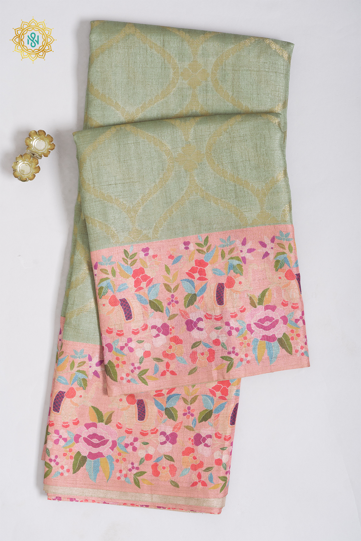 PISTA GREEN WITH PEACH - SEMI TUSSAR SILK