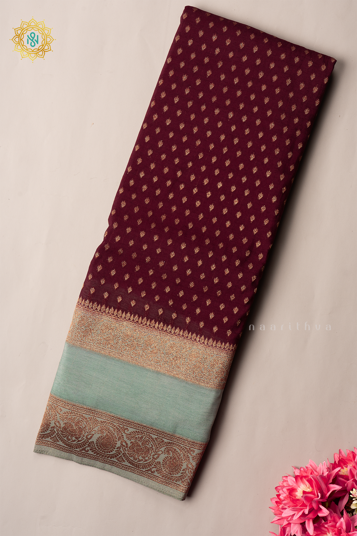 WINE WITH AQUA BLUE - SEMI CREPE GEORGETTE