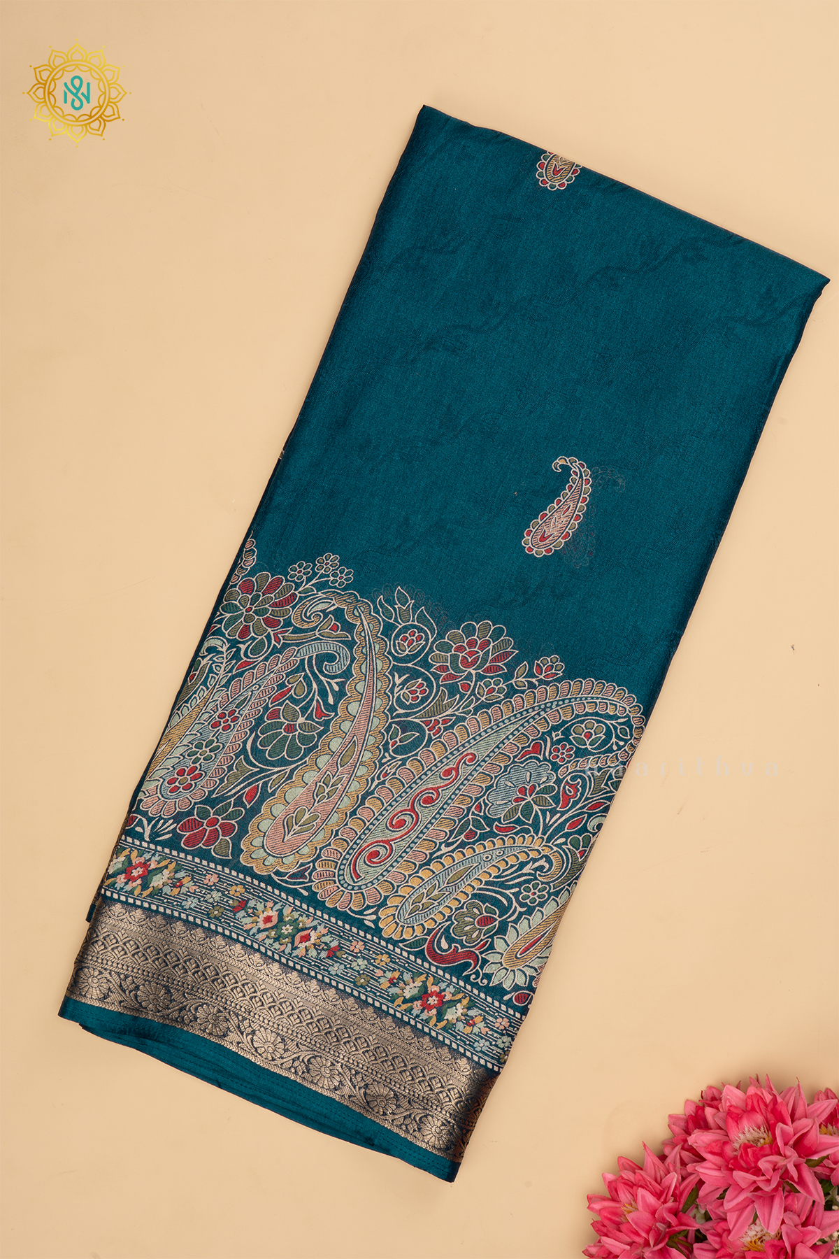 Peacock Blue - Semi Georgette Saree Printed Body With Zari Border