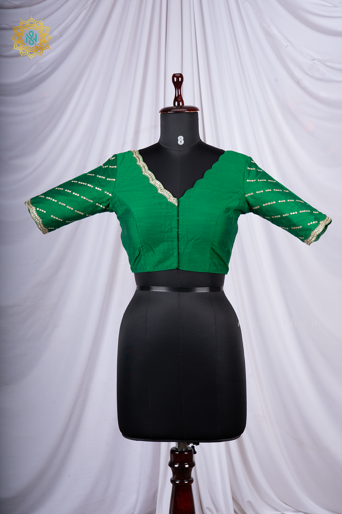 Green Cotton Silk Readymade Blouse with a Scalloped Neckline and Sequin Work