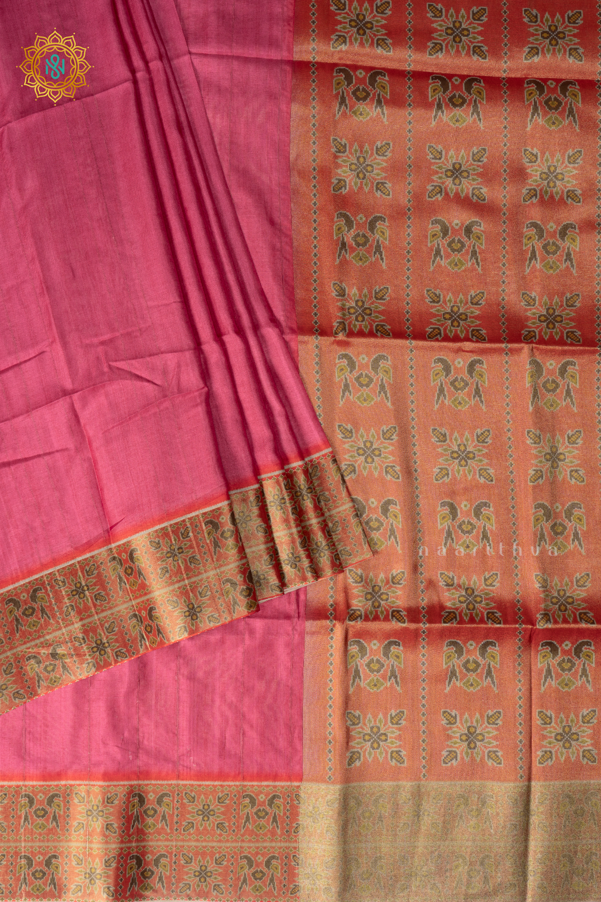 Pink With Orange Semi Tussar Silk Saree With Plain Body And Contrast Patola Border