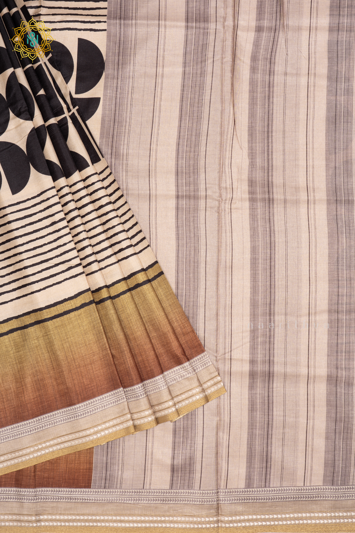 BEIGE WITH LIGHT BROWN - SEMI CREPE SILK SAREE DIGITAL PRINTS AND ZARI WOVEN BORDER