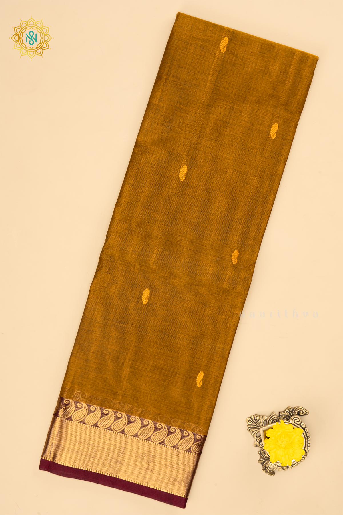 Mustard With Maroon - Chettinad Cotton Saree Allover Thread Woven Buttas With Contrast Zari Border