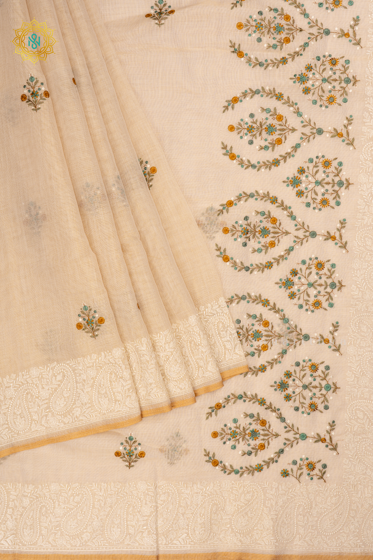 Off White with Aqua Green Linen Tissue Saree with Allover Thread Work, Border and pallu