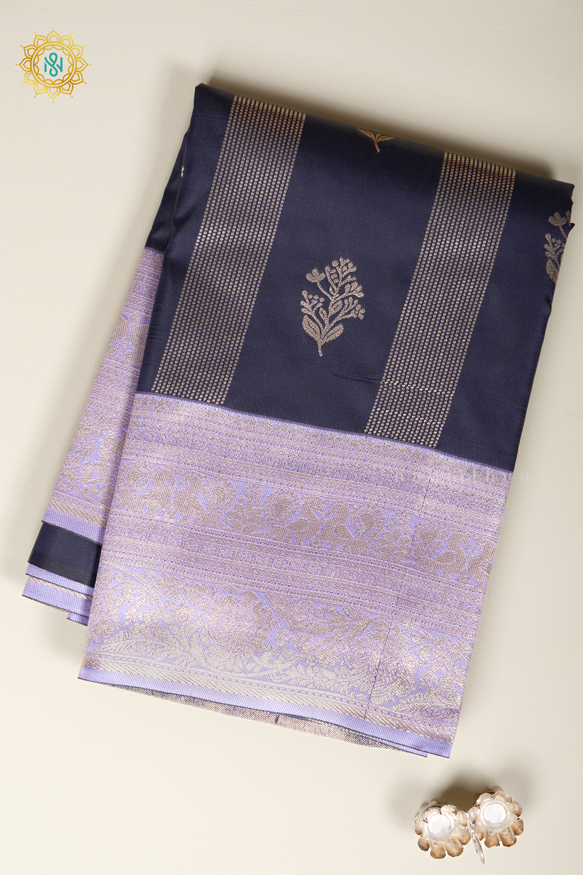 NAVY BLUE WITH LAVENDER - SEMI SILK