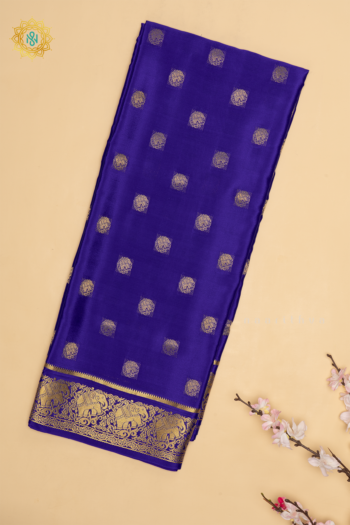 Royal Blue Pure Mysore Crepe Silk Saree With Zari Buttas On The Body and Zari Border