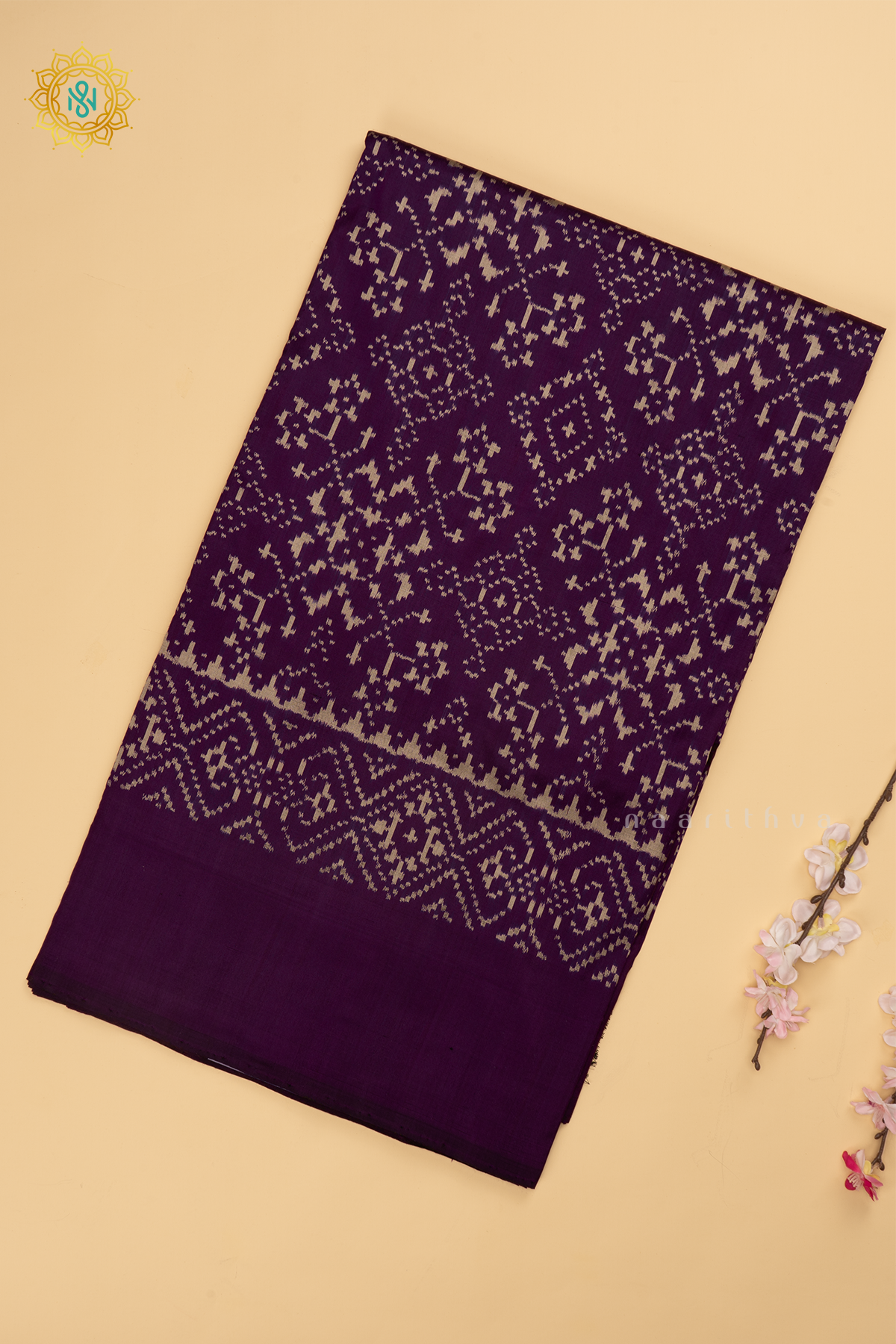 Purple Ikkat Pure Silk Saree with Patola Printed Body and Plain Border