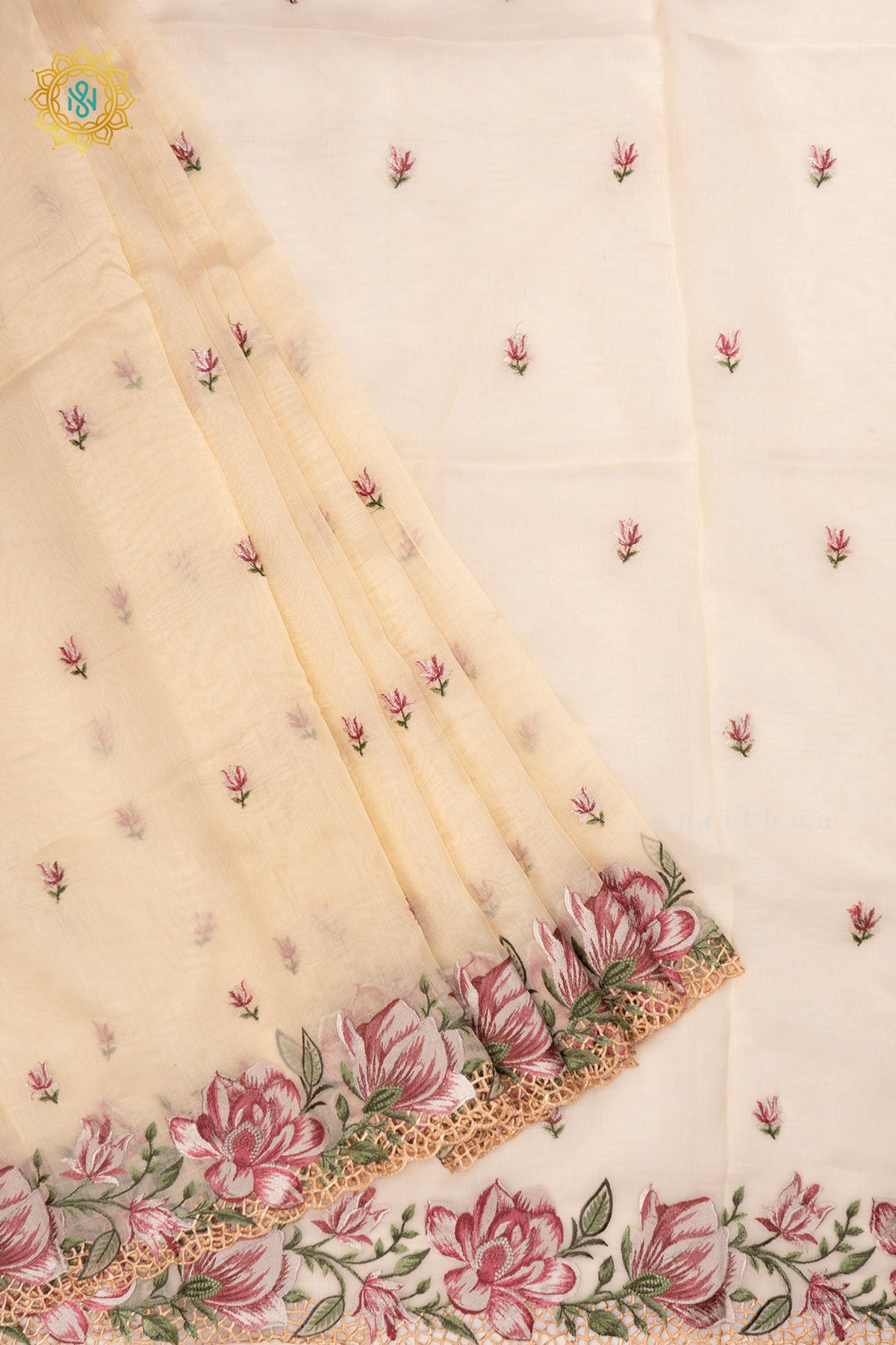 Off White Tissue Organza Saree All Over Embroidery Buttas with Cutwork and Embroidery Border