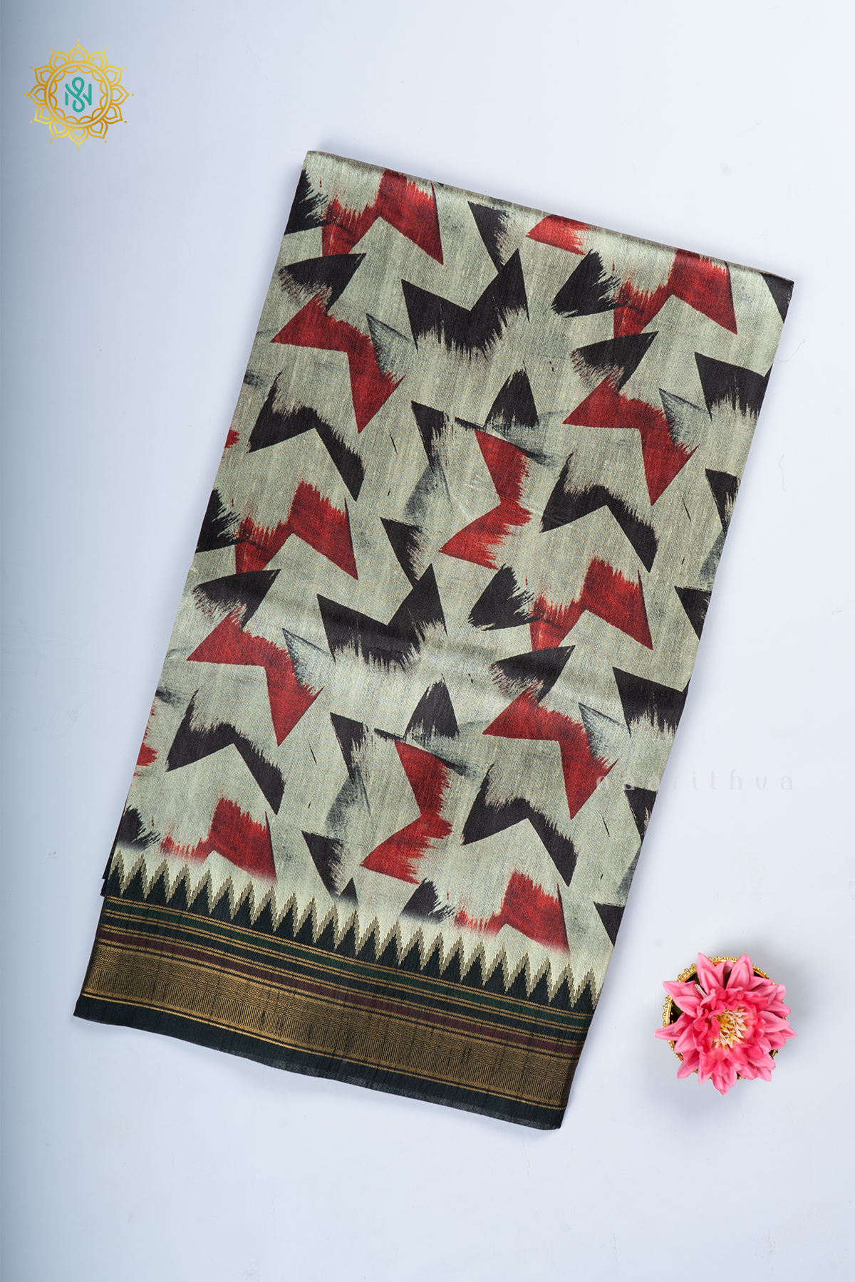 Black With Red Semi Tussar Silk With Printed Body With Zari Border & Pallu