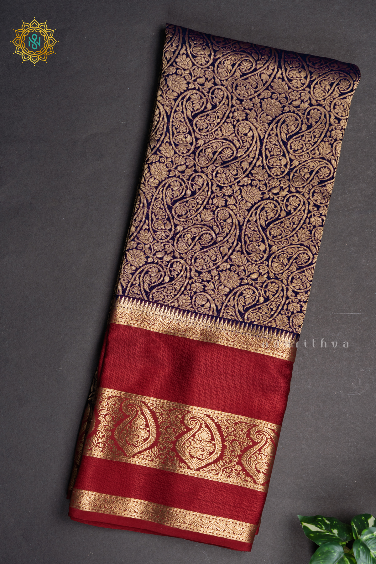 NAVY BLUE WITH MAROON - PURE MYSORE CREPE SILK