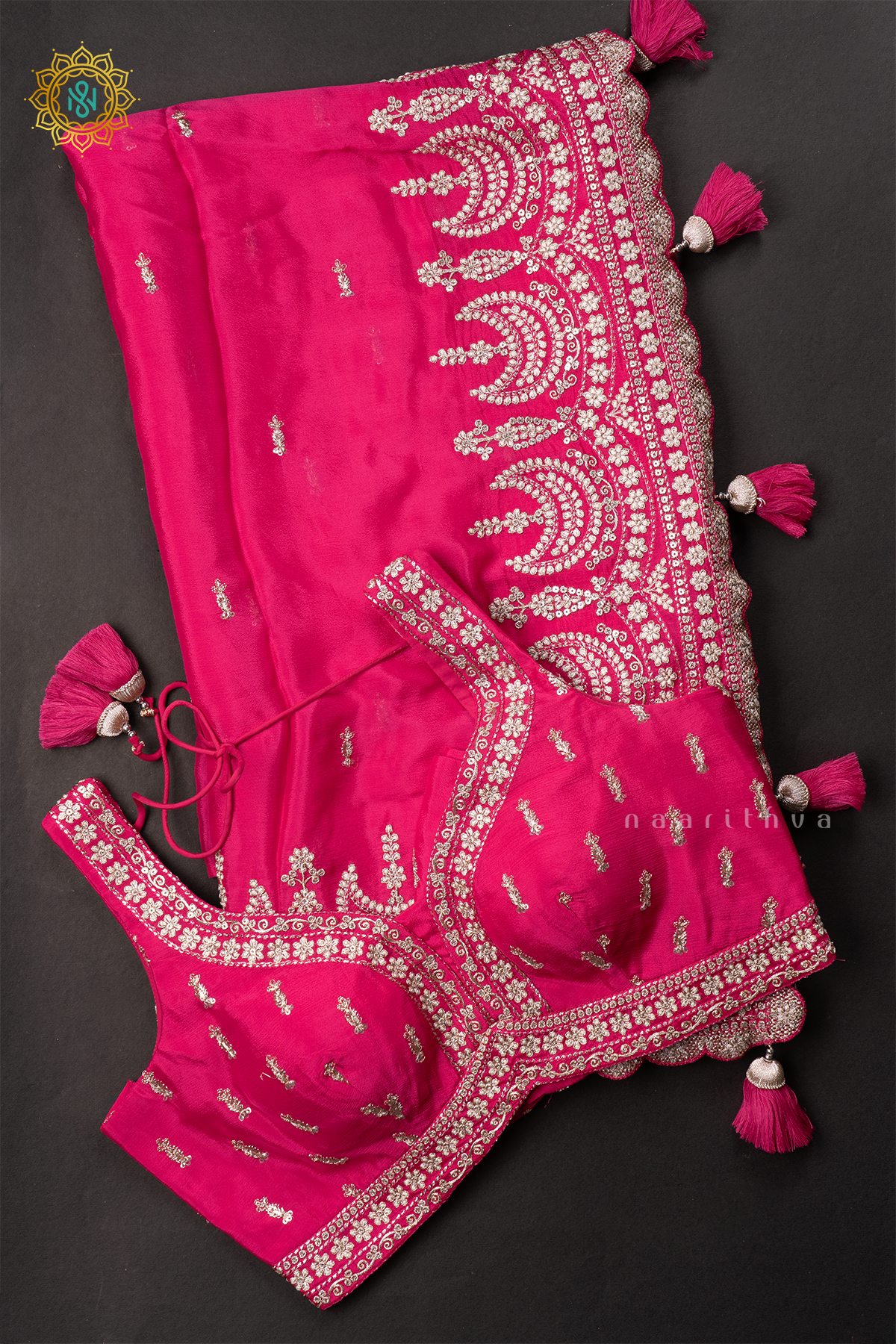 RANI PINK - CREPE PARTY WEAR SAREE WITH READYMADE BLOUSE
