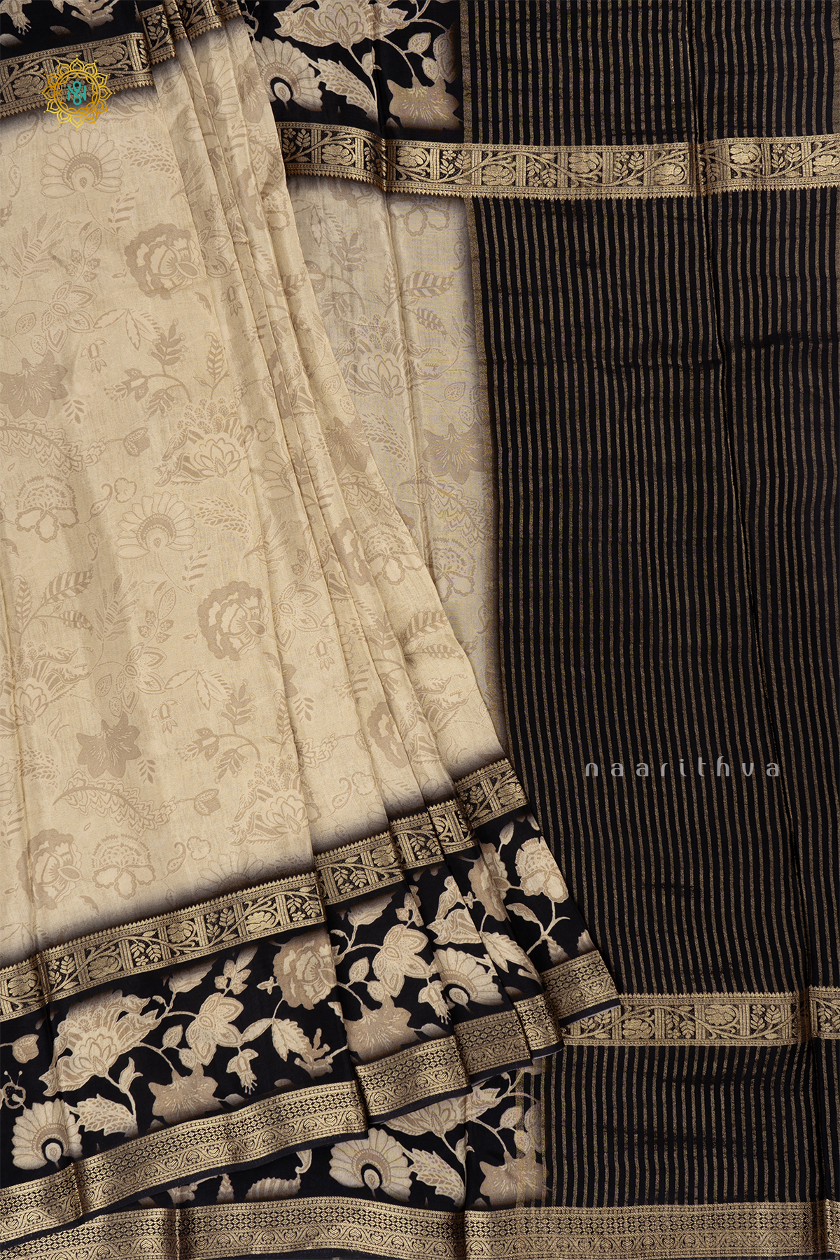 Off White With Black Printed Semi Crepe Silk Saree With Contrast Bentex Zari Border & Pallu