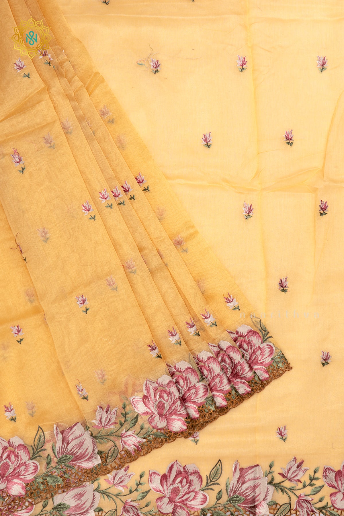 Yellow Organza Tissue Saree Allover Embroidery Buttas with Cutwork and Embroidery Border