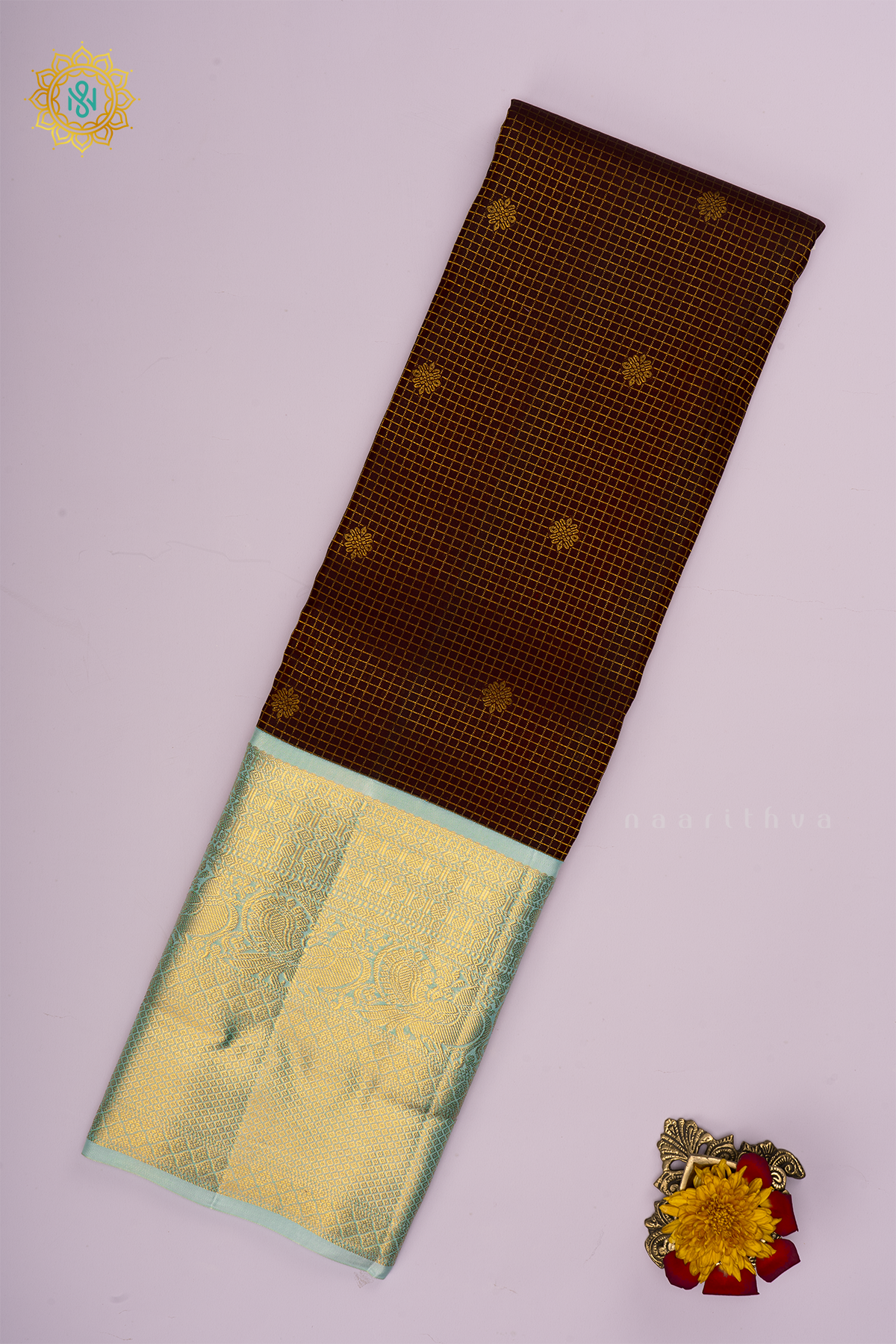 LIGHT BROWN WITH AQUA BLUE - PURE KANJIVARAM SILK