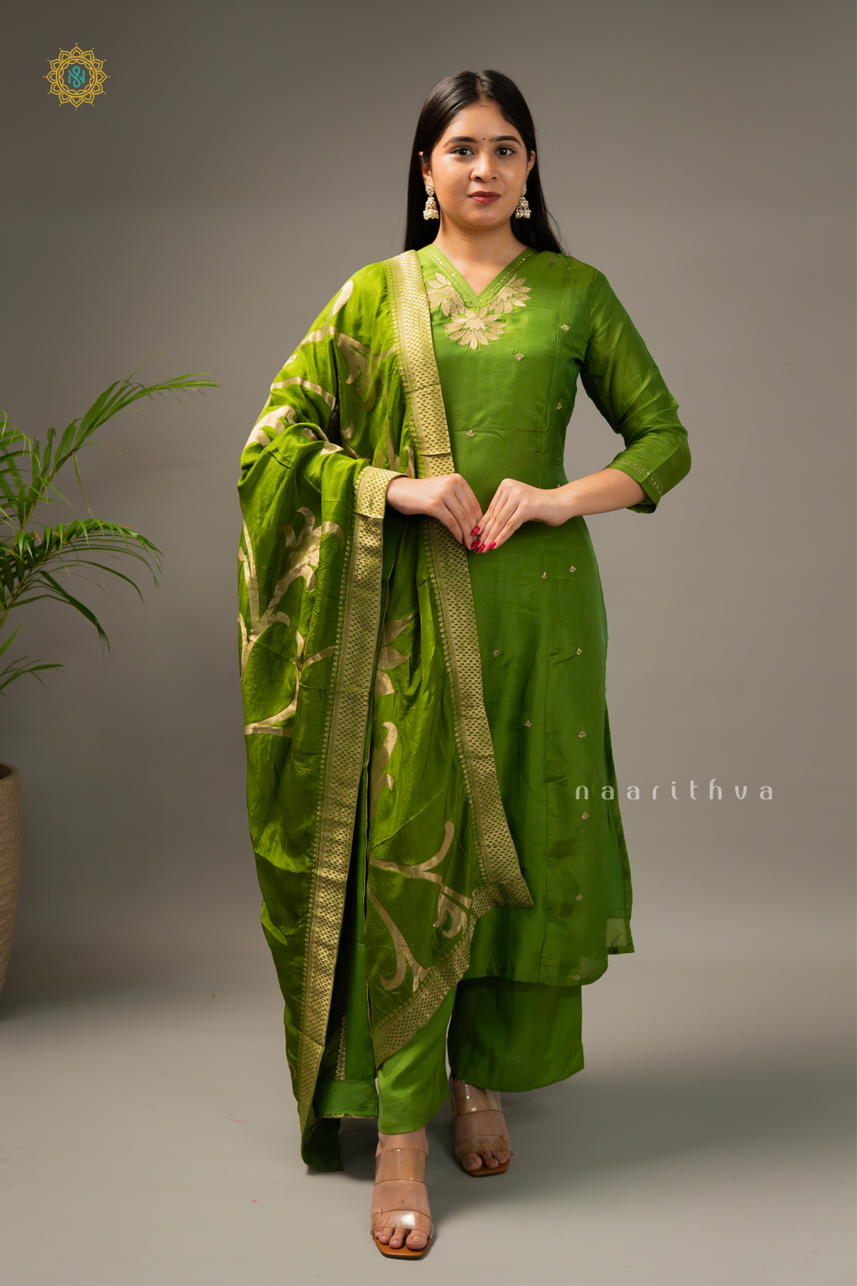 GREEN - SILK 3PC SALWAR SUIT WITH TOP, BOTTOM & DUPATTA