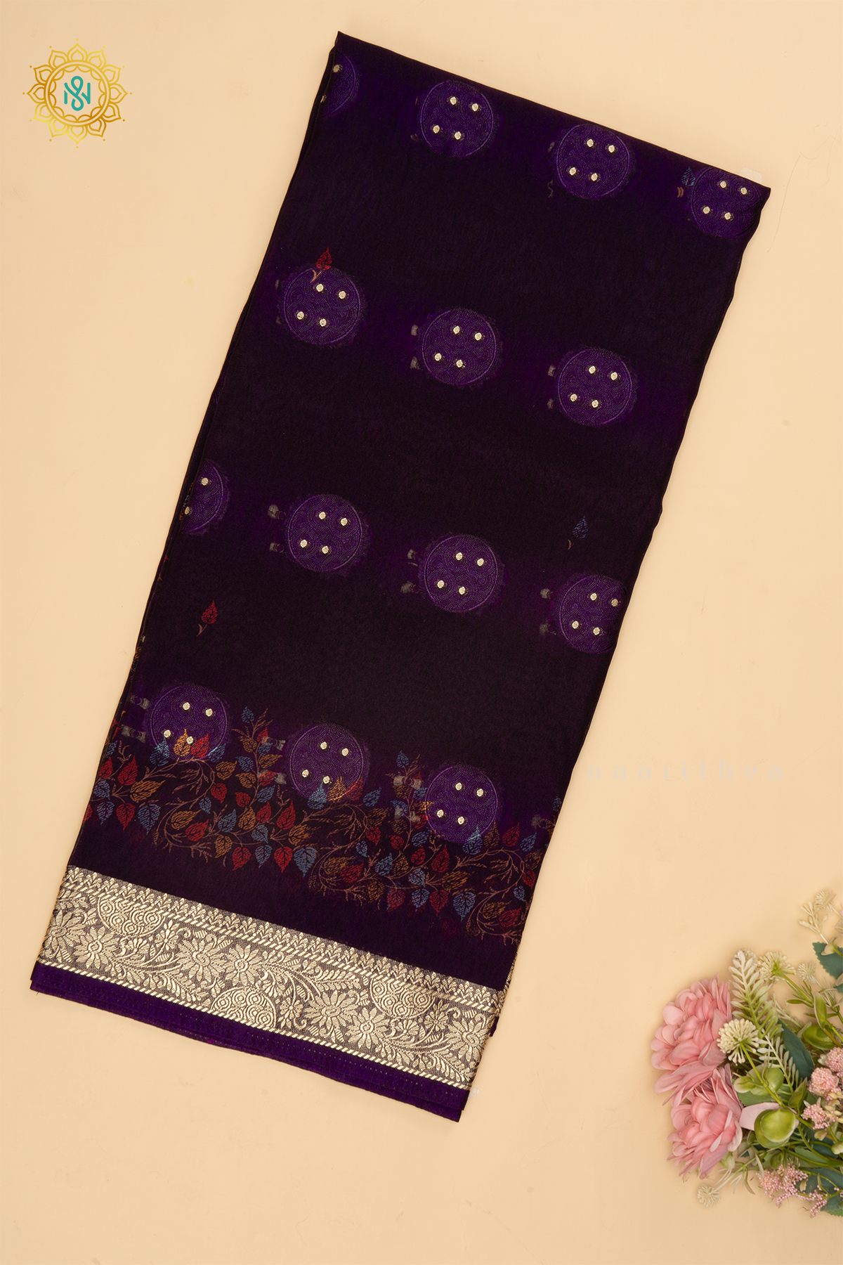 Purple Semi Georgette Saree With Printed Body And Zari Border