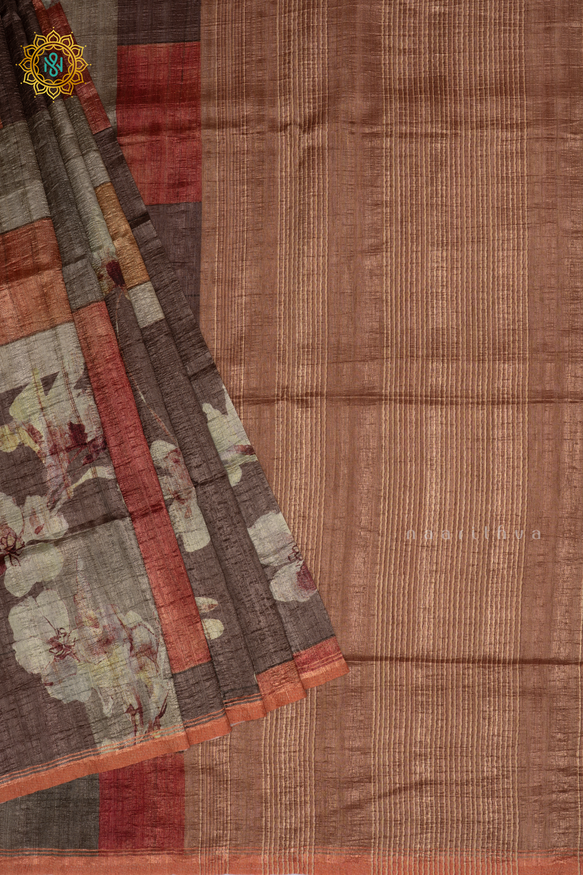 Light Brown Semi Gicha Tussar Saree With Printed Body, Pallu And Blouse