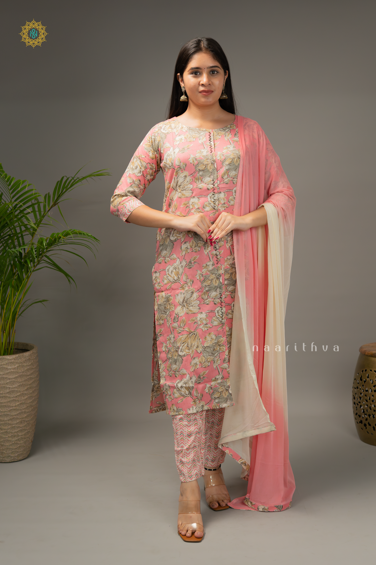 PEACHISH PINK - COTTON 3PC SALWAR SUIT WITH PRINTED TOP, BOTTOM & DUPATTA