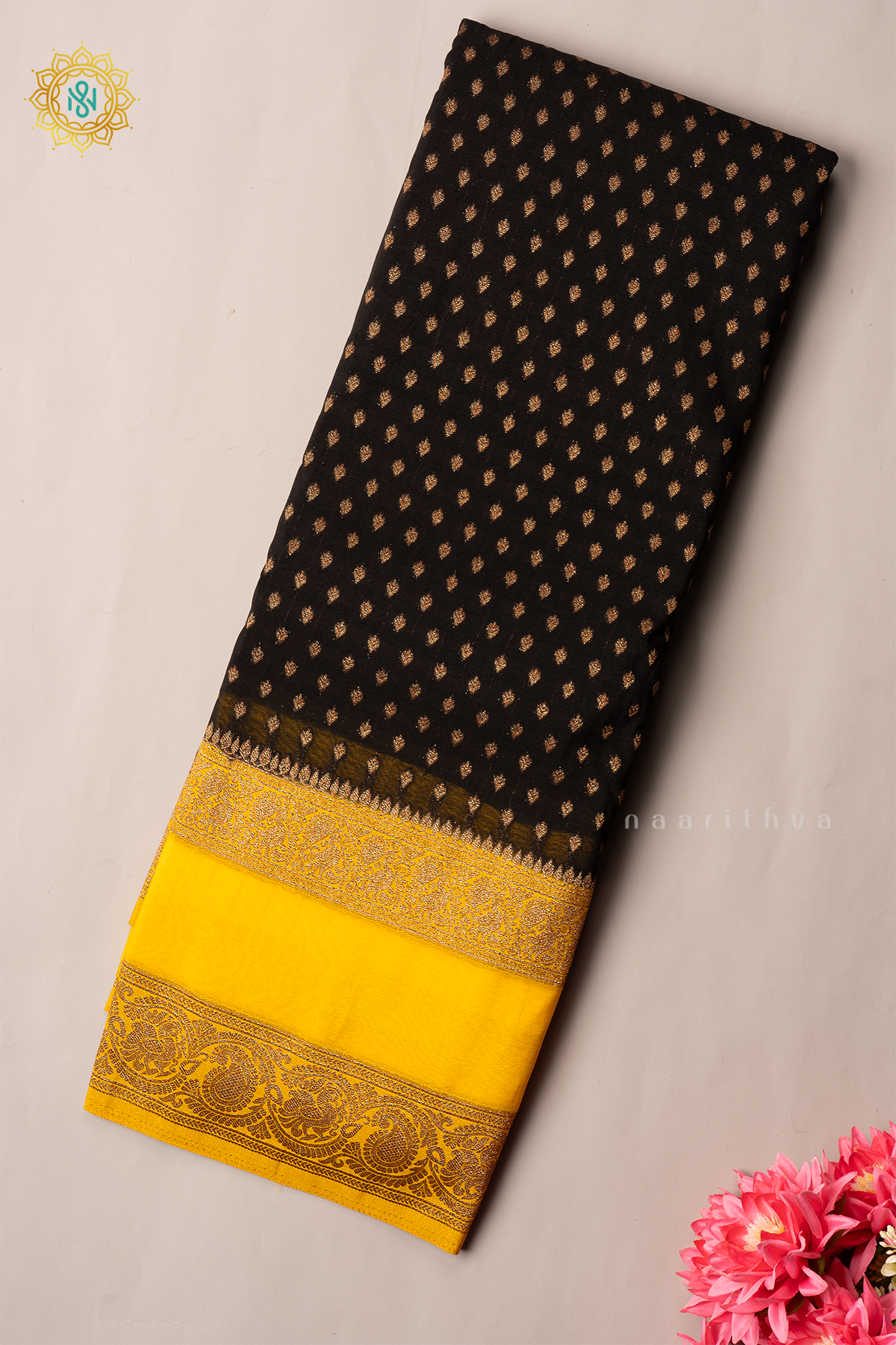 BLACK WITH YELLOW - SEMI CREPE GEORGETTE