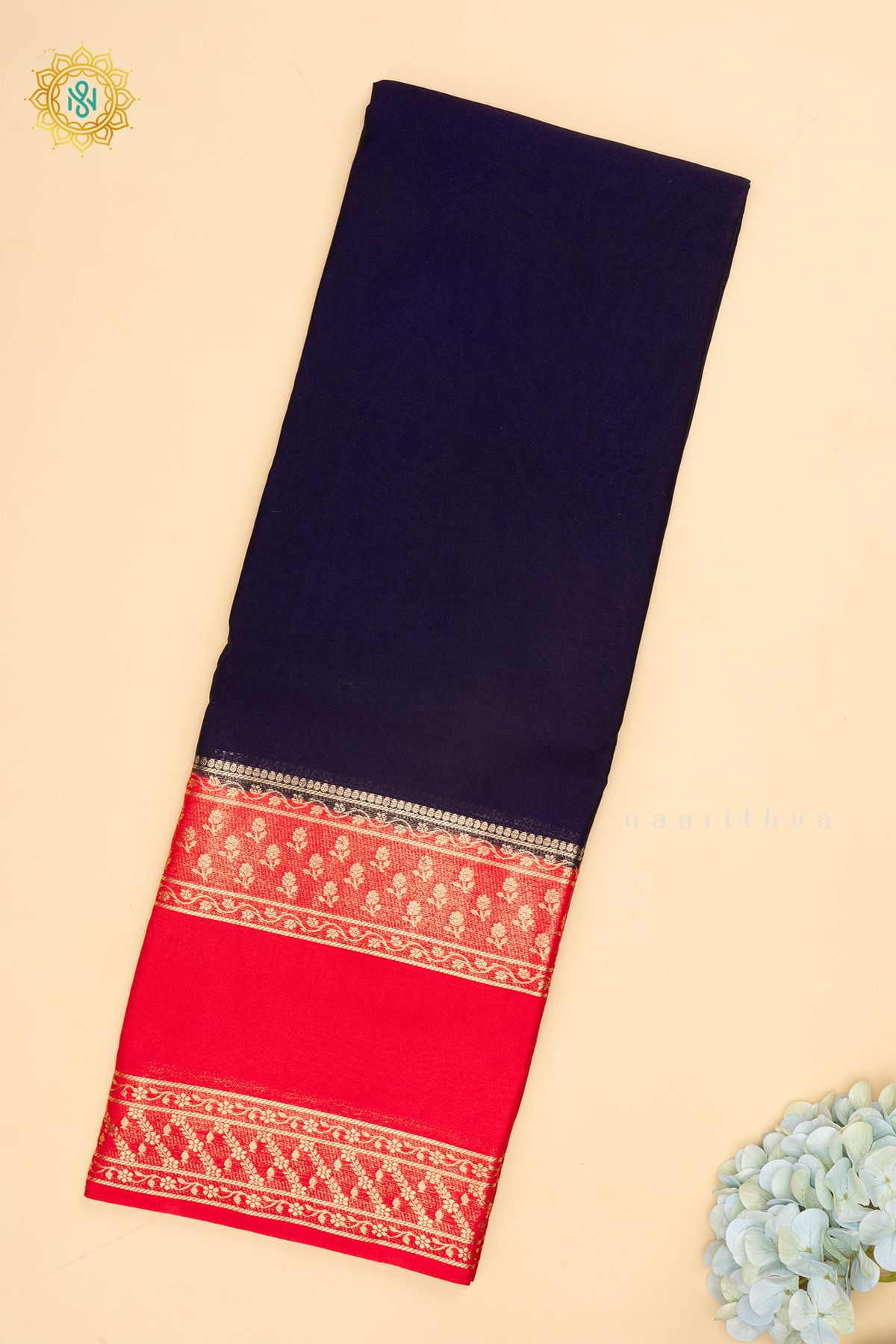 Navy Blue with Red Semi Mysore Crepe Silk Saree Allover Plain Body with Contrast Zari Border, Pallu and Blouse