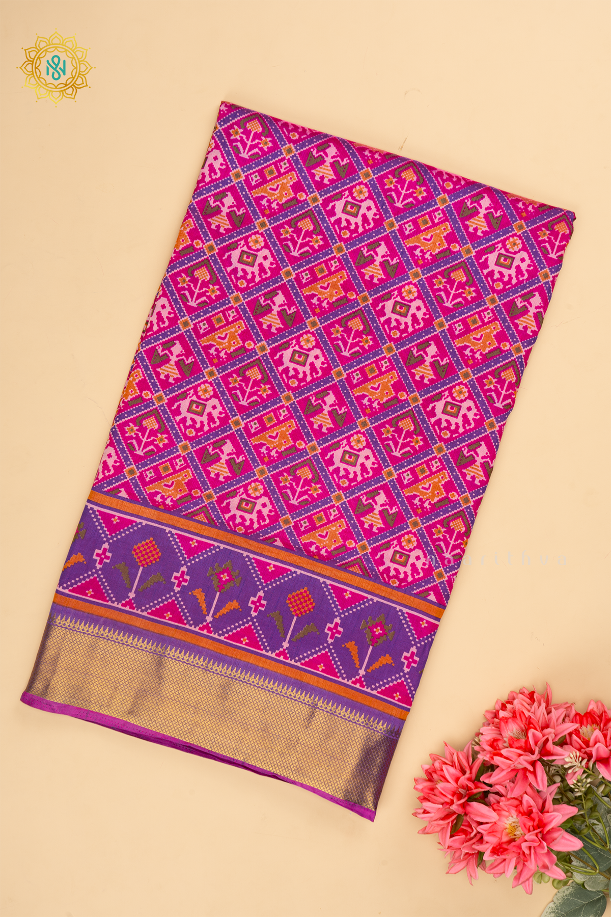 Pink with Purple - Semi Silk Saree Allover Patola Printed Body with Contrast Zari Border, Pallu and Blouse
