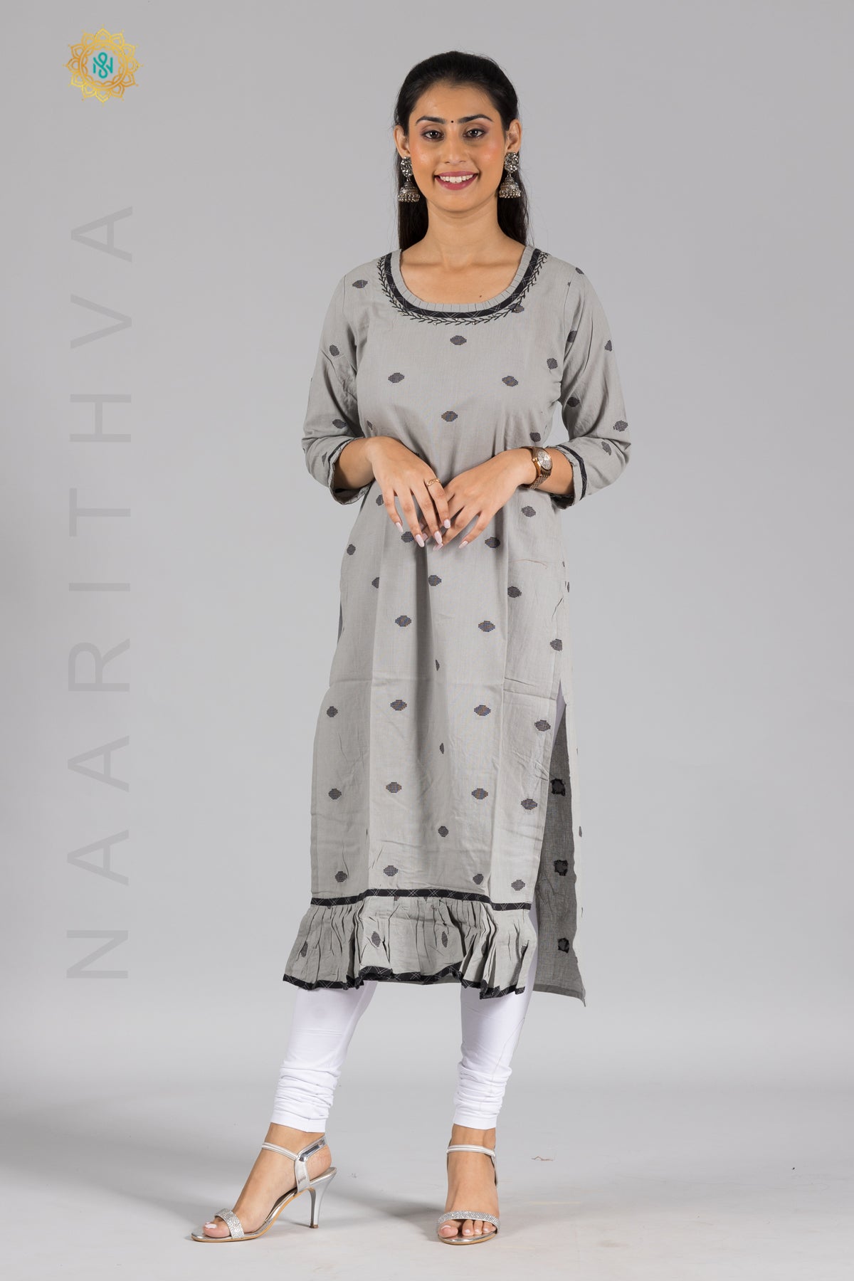 GREY - COTTON STRAIGHT CUT CASUAL KURTI WITH THREAD EMBROIDERY