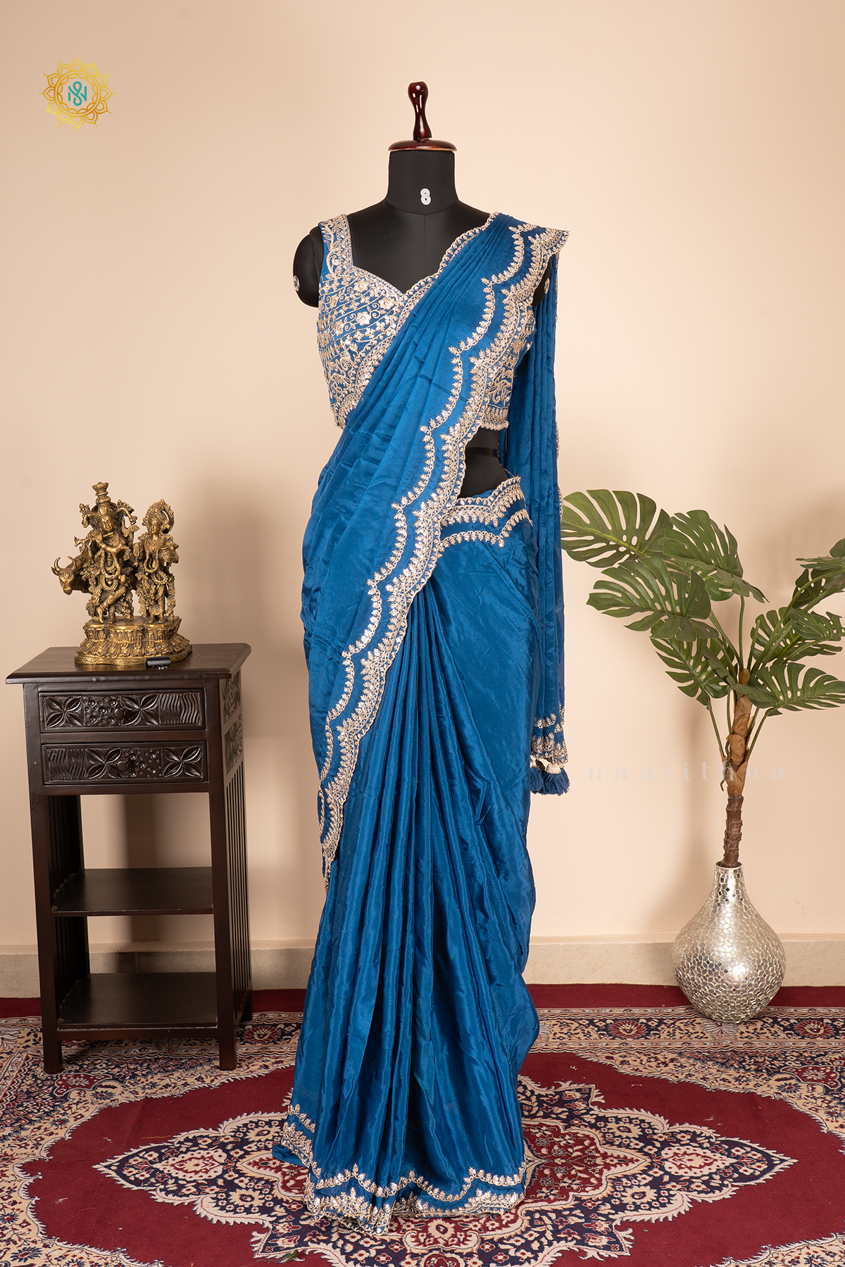 BLUE - CHINNON DESIGNER WEAR WITH READYMADE BLOUSE