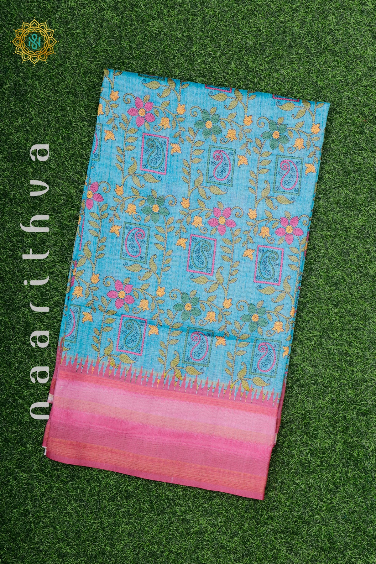 SKY BLUE WITH PINK - JUTE COTTON