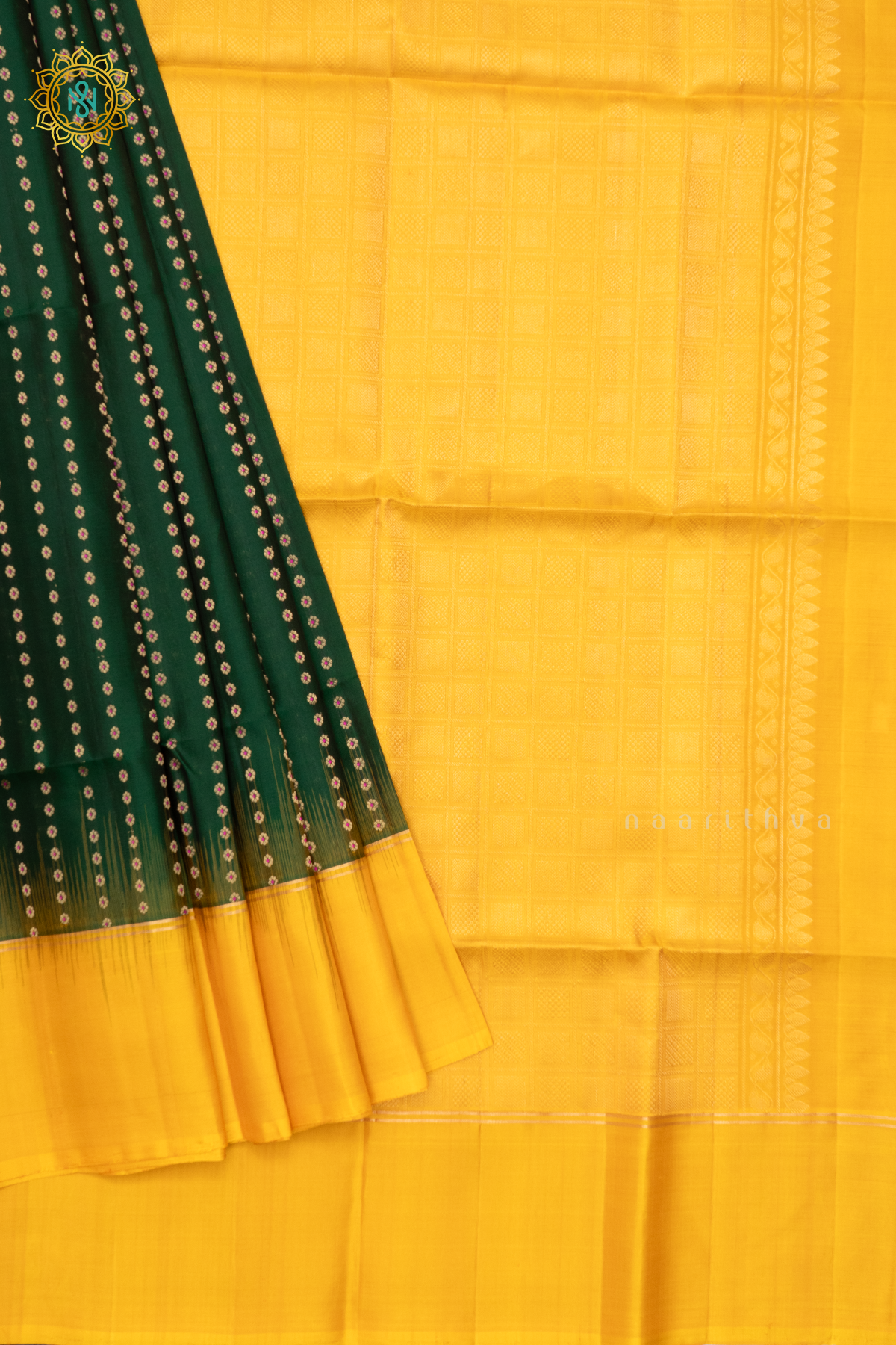 BOTTLE GREEN WITH YELLOW - PURE KANJIVARAM SOFT SILK
