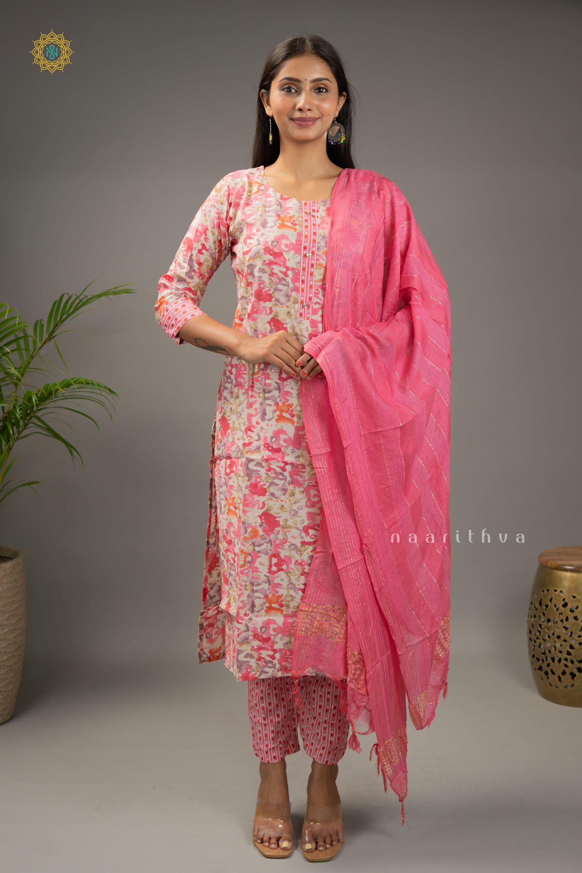 PEACHISH PINK - RAYON 3PC SALWAR SUIT WITH PRINTED TOP, BOTTOM & DUPATTA