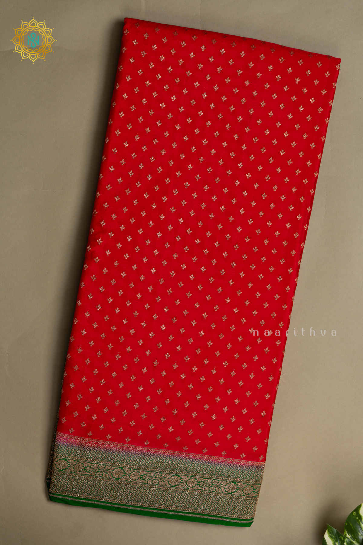 RED WITH GREEN - PURE BANARASI CREPE