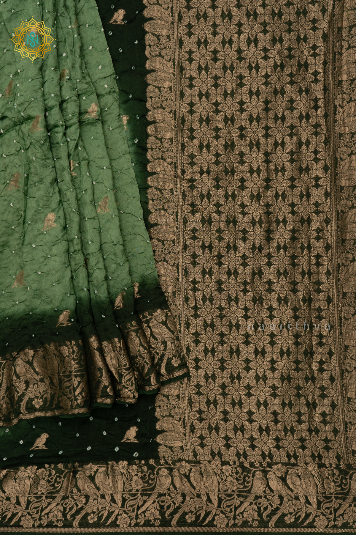 PISTA GREEN WITH BOTTLE GREEN - SEMI TUSSAR WITH BANDHINI TIE & DYE