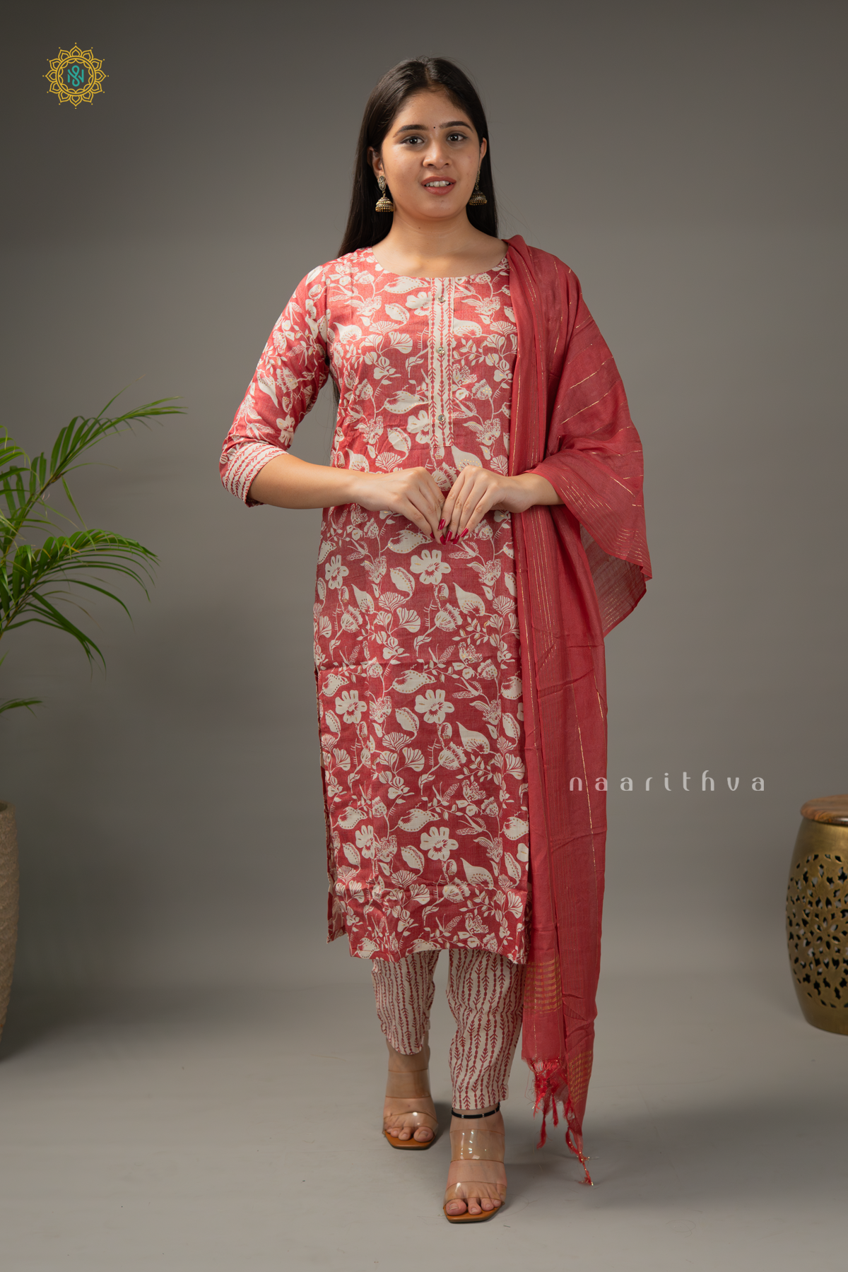 RED - COTTON 3PC SALWAR SUIT WITH PRINTED TOP, BOTTOM & DUPATTA
