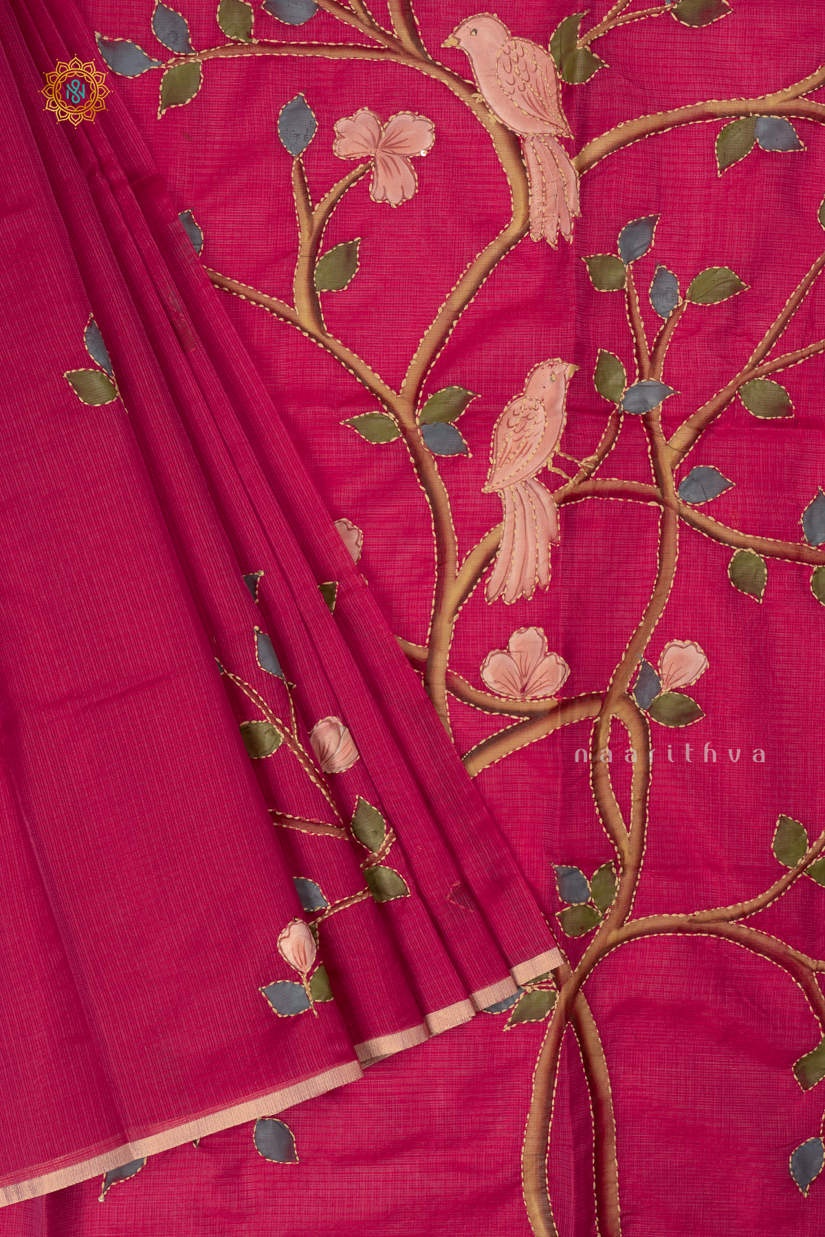 Pink Kota Organza With Hand-Painted And Katha Work On The Body
