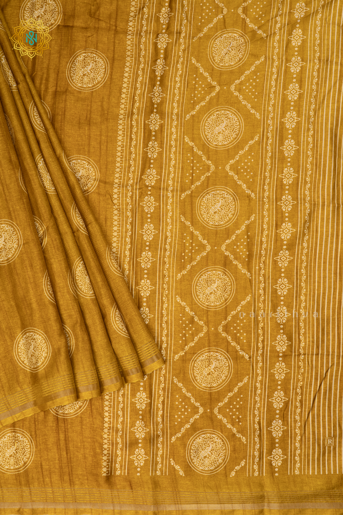 Yellow- Semi Tussar Silk Saree Allover Printed Buttas on the body with Zari Border