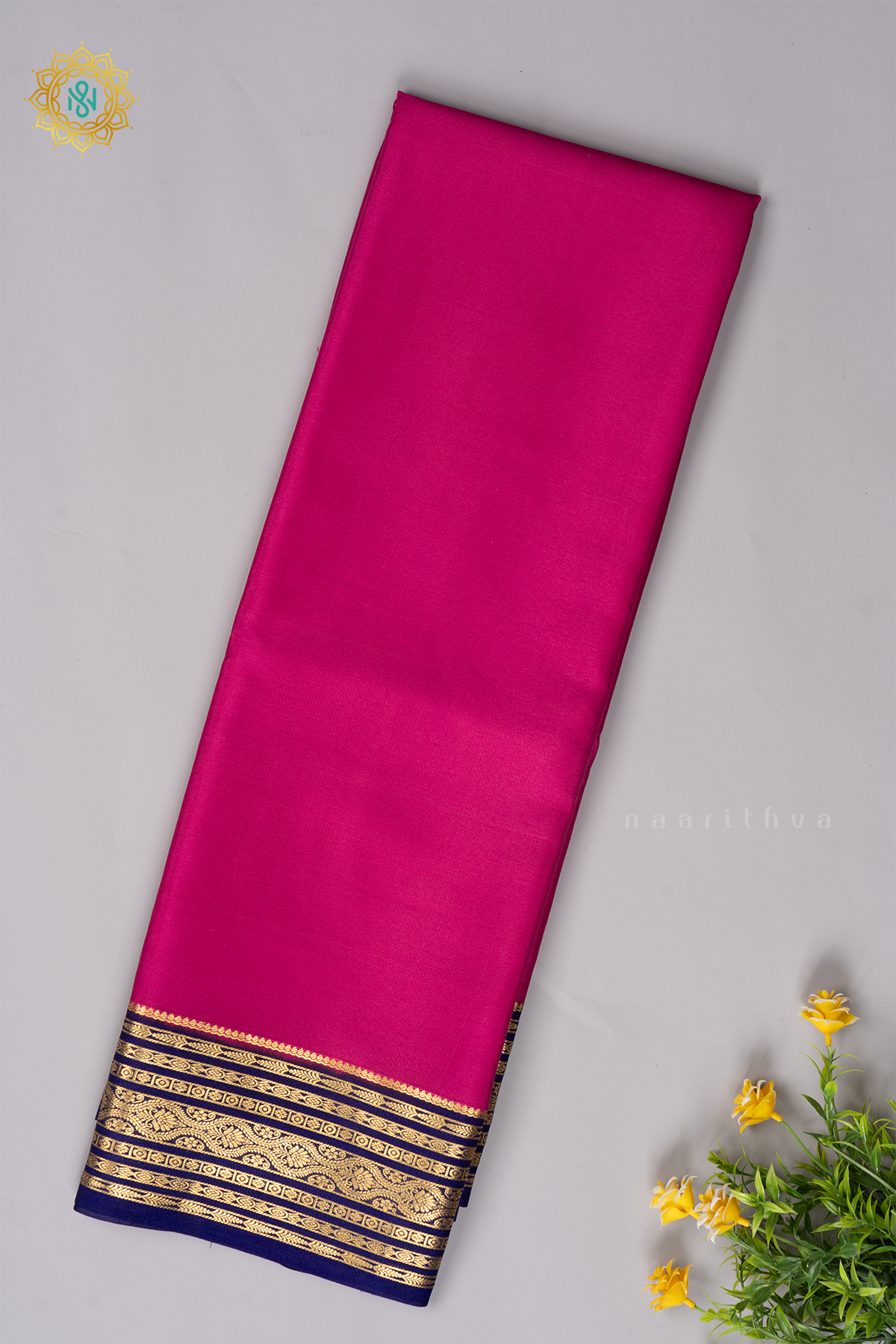 PINK WITH NAVY BLUE - PURE MYSORE CRPE SILK