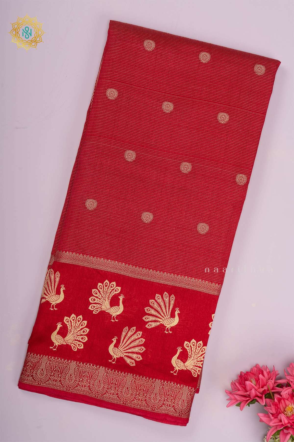 Red Dola Silk Saree With Zari Stripes & Buttas On The Body With Zari Border