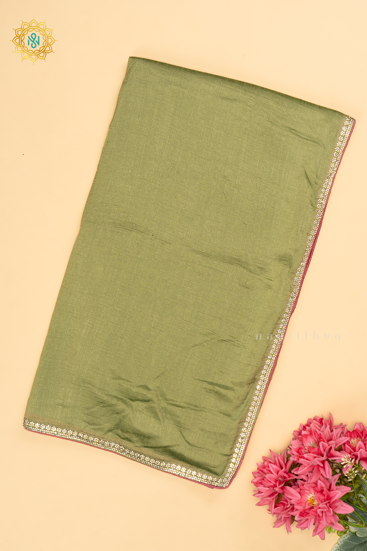 Light Green with Light Pink - Party Wear Tussar Georgette Saree Allover Plain Body with Stone Work Border, with Contrast Blouse