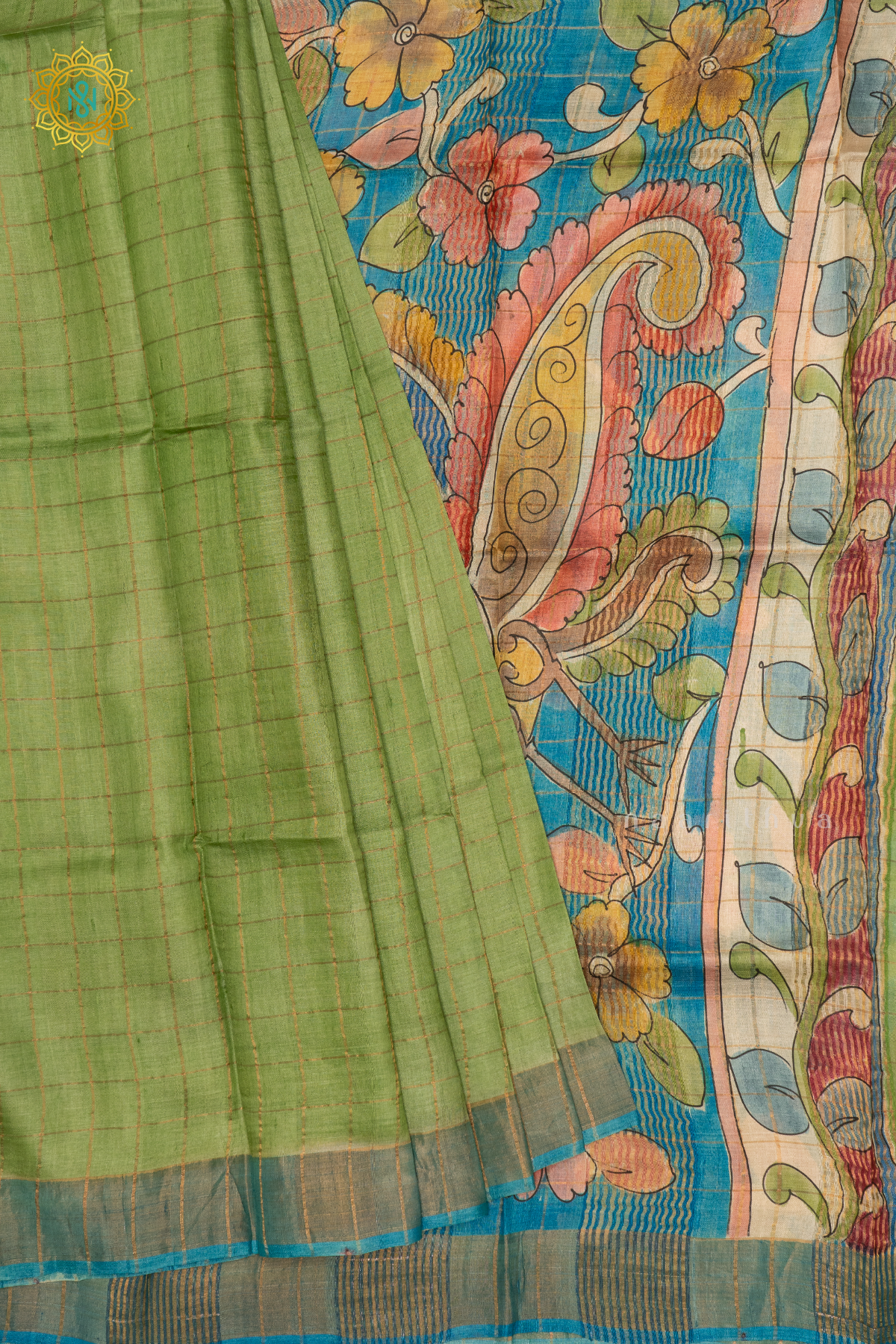 PISTA GREEN WITH SKY BLUE - PURE TUSSAR SILK