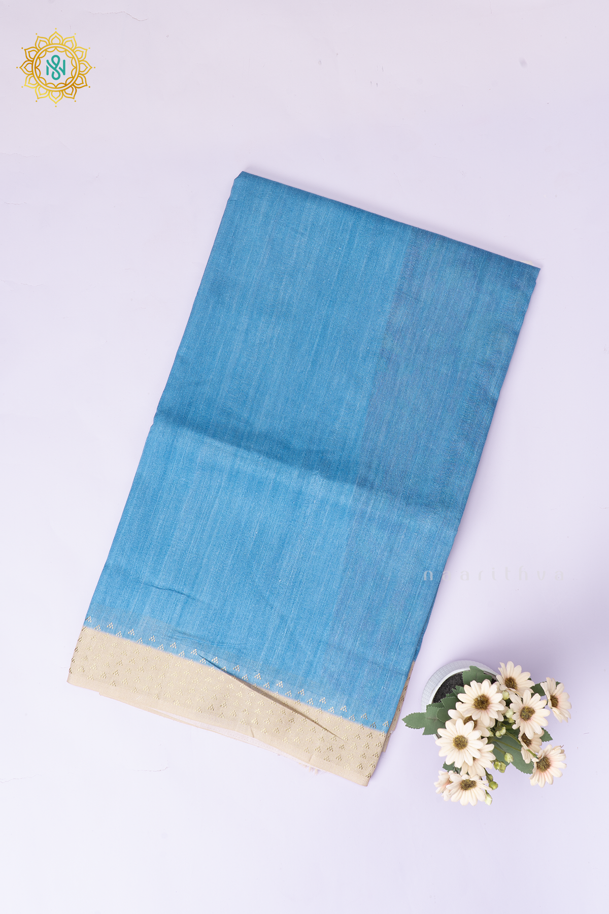 Light Blue With Mauve Semi Cotton Tussar Saree with Printed Body & Contrast Pallu