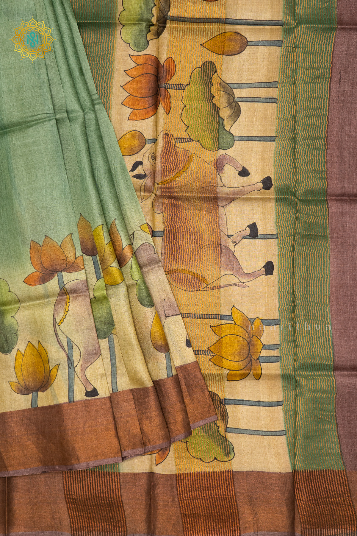 SAGE GREEN WITH LIGHT BROWN - PURE TUSSAR SILK