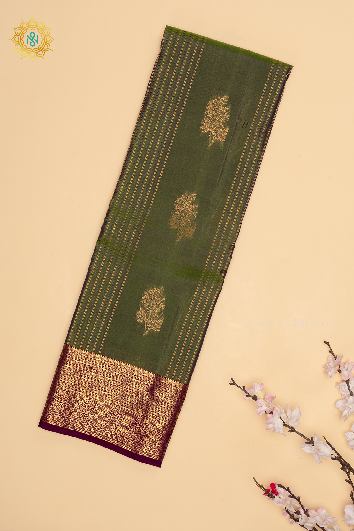 Dual Shade of Light Green with Wine Pure Mix Kanjivaram Silk Saree with Zari Woven Stripes, Buttas and Zari Woven Contrast Border
