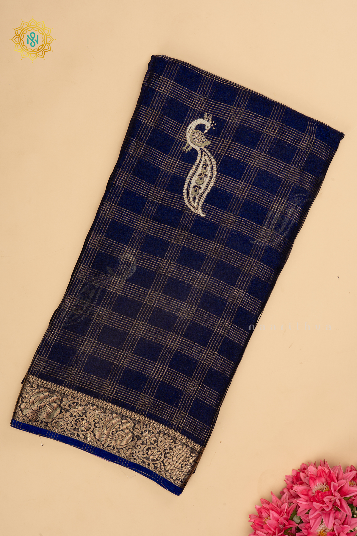 NAVY BLUE - SEMI GERORGETTE ZARI CHECKS BODY WITH PRINTED BUTTAS AND ZARI BORDER