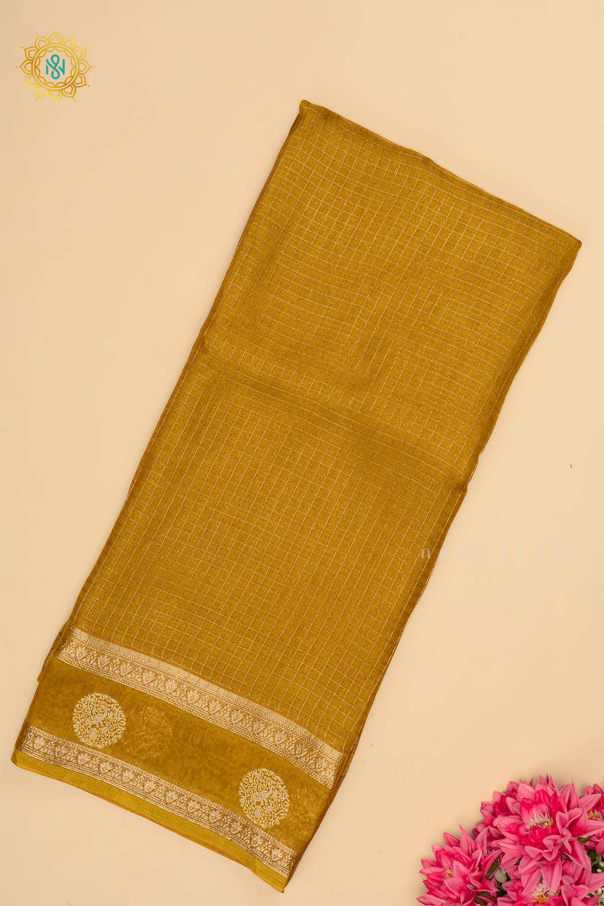 Yellow - Semi Georgette Saree with Zari Checks Body and Zari Border
