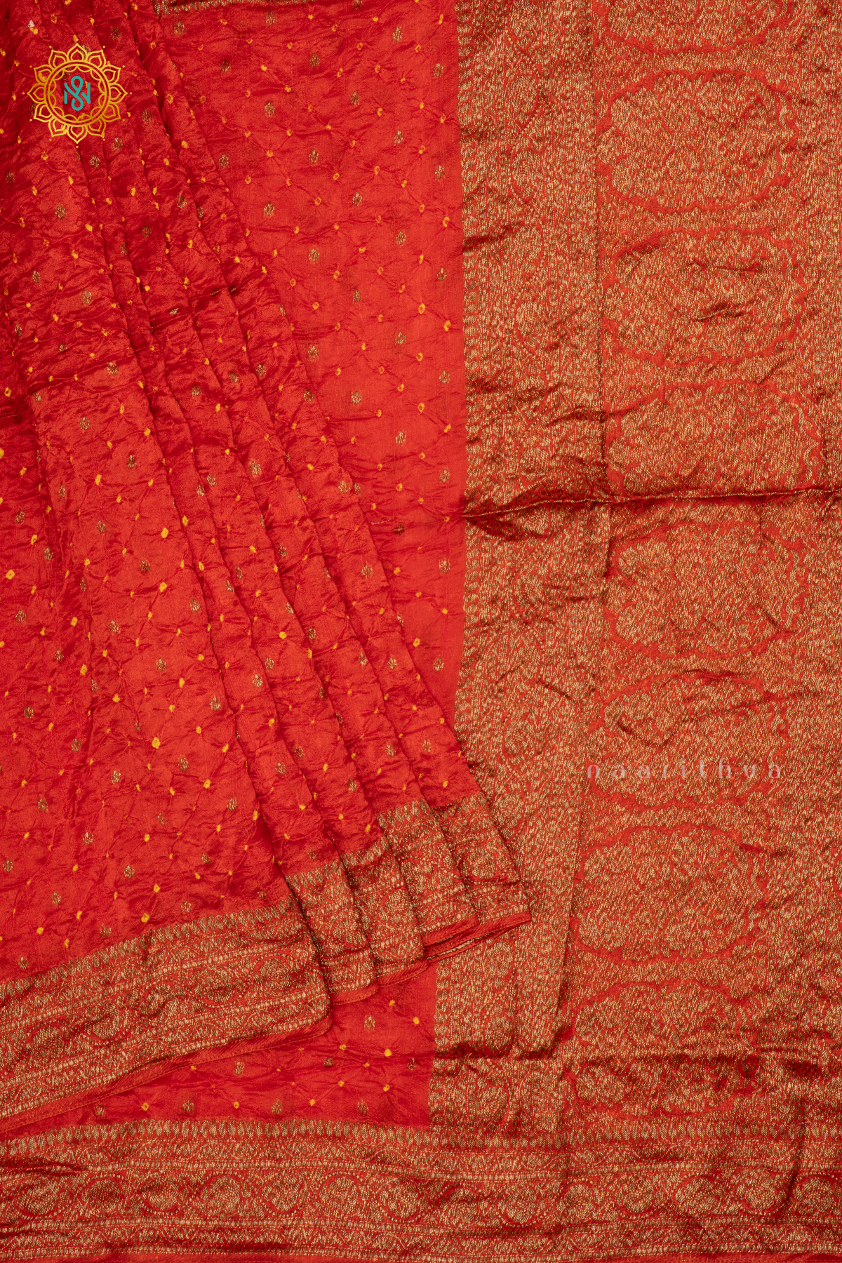 Orange Semi Tussar With Bandhani Tieand Dye
