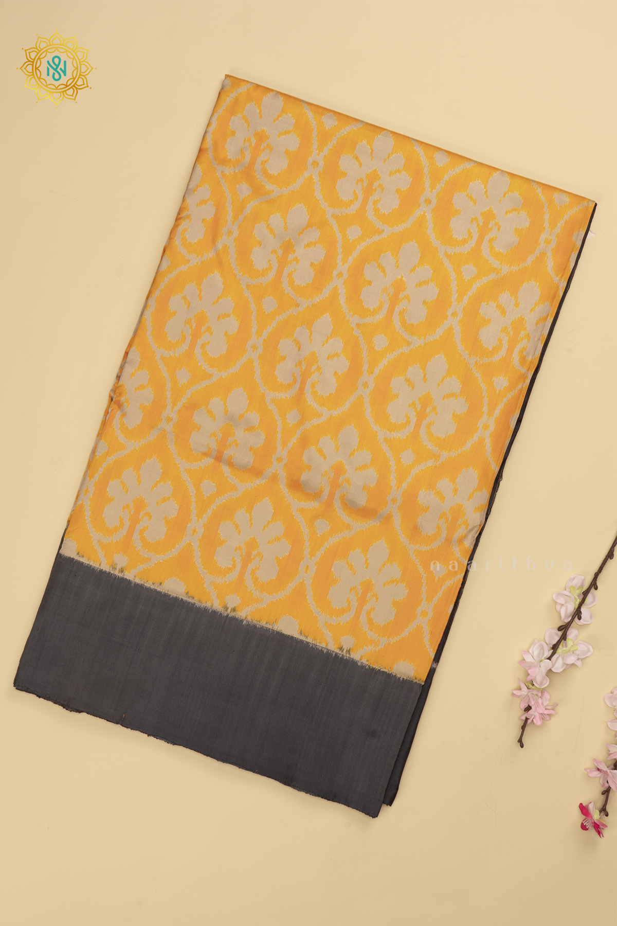 Yellow with Grey Ikkat Pure Silk Saree with Patola Printed Body and Contrast Border