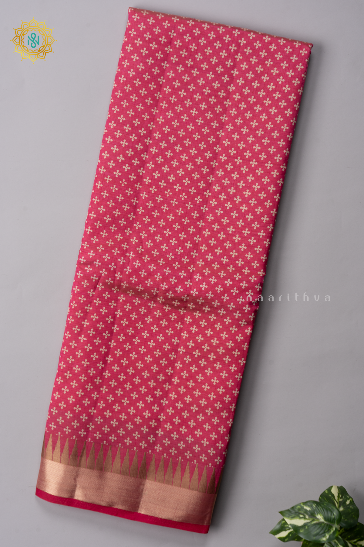 Pink Semi Tussar Saree With Printed Body And Zari Border