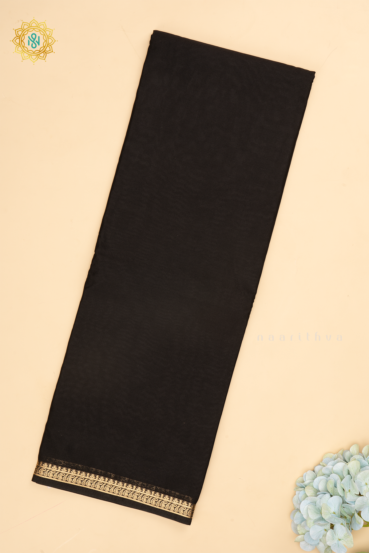 Black Semi Mysore Crepe Silk with Plain Body and Zari Border