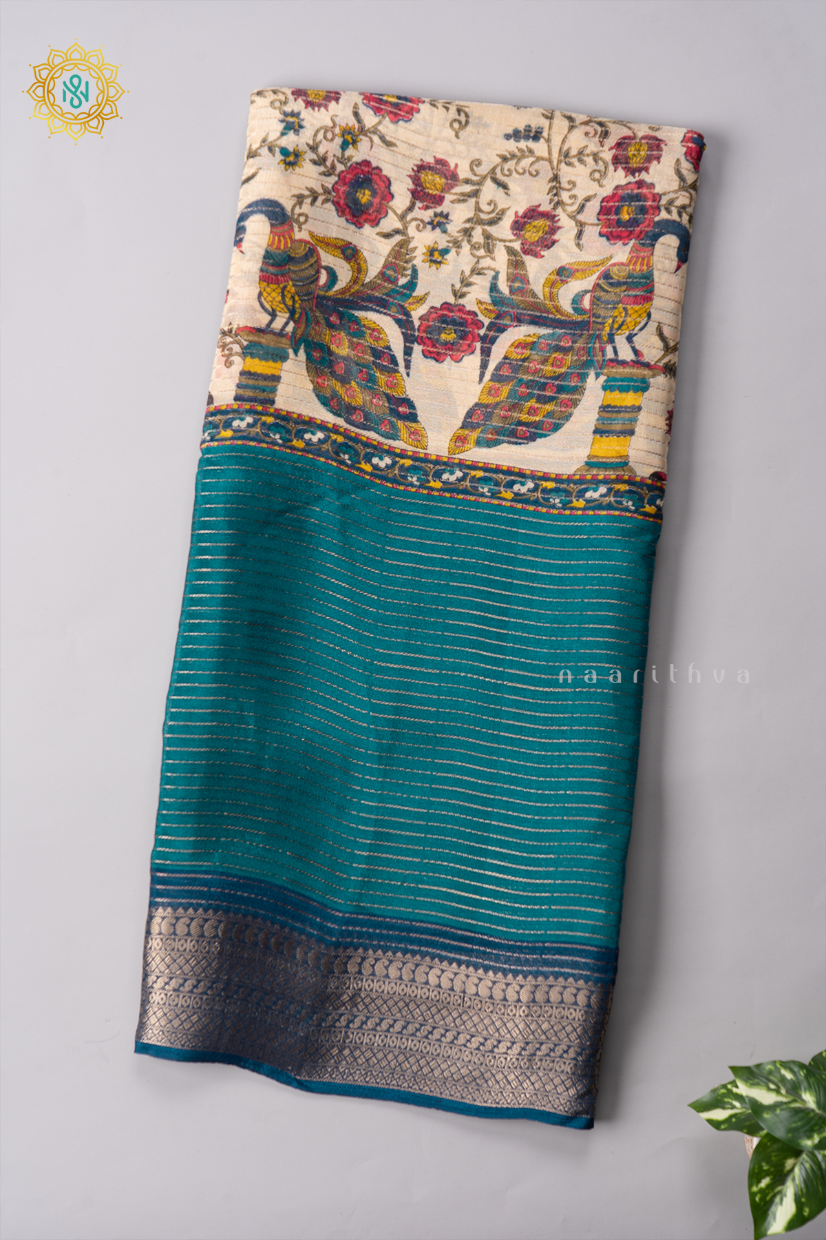OFF WHITE WITH AQUA GREEN & TEAL BLUE - SEMI GEORGETTE